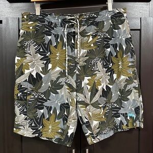 TOMMY BAHAMA Men's Green Leaf Print Drawstring Pull-On Swim Shorts SZ L